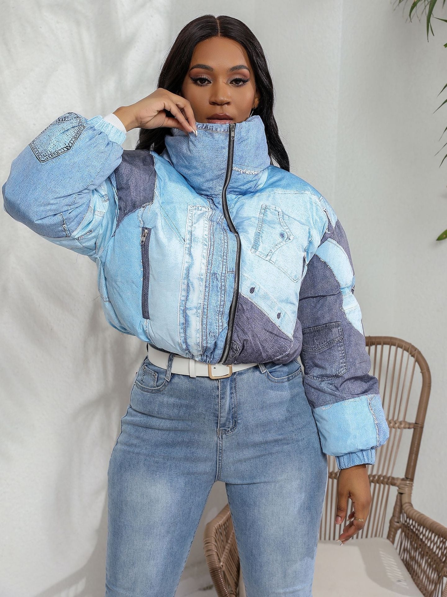 Faux Jean Printed Long Sleeve Parka