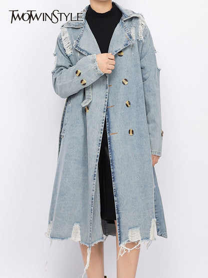 TWOTWINSTYLE Hole Hollow Out Denim Trench Coat For Women Lapel Long Sleeve Double Breasted Solid Coats Female Clothing  New