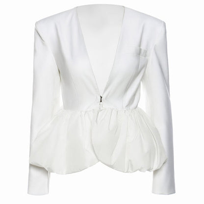 Women White Pleated Elegant Blazer New V-collar Long Puff Sleeve Loose Fit Jacket Fashion Spring Autumn