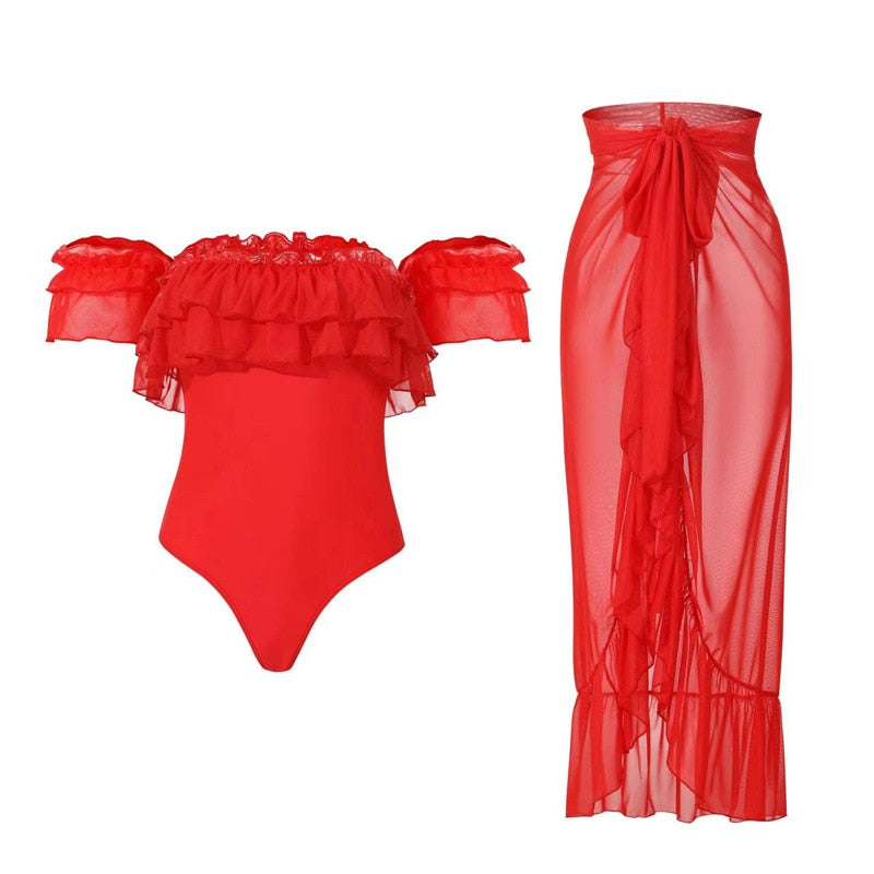 Ruffled High-Waist Bikini with Summer Beachwear Cover-Up