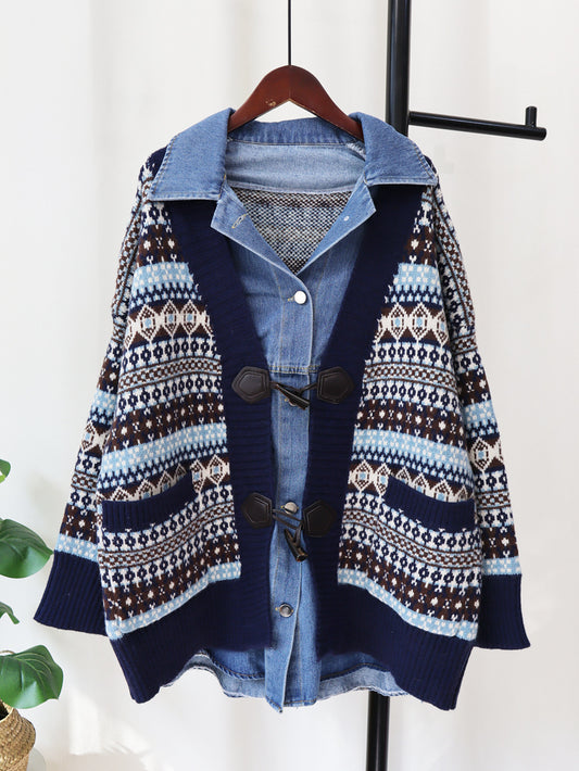 Sweater Denim Stitched V Neck Single Button Cardigan