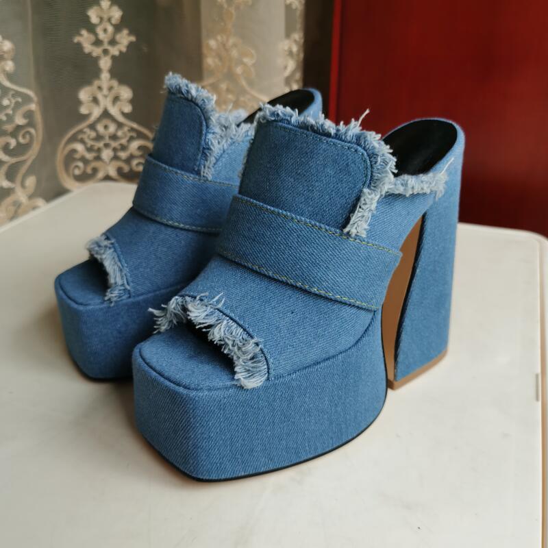 Platform Denim Mules with Peep Toe