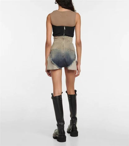Fashionable Denim Shorts: High-Waisted, Fishbone Design with Gradient Hem, Raw Edges, Pocket Details