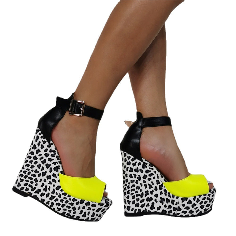 Oversized Color Block Leopard Print Wedge Heel Sandals