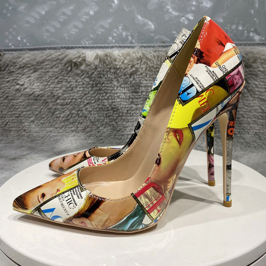 Picture-Print Floral Patent High Heels