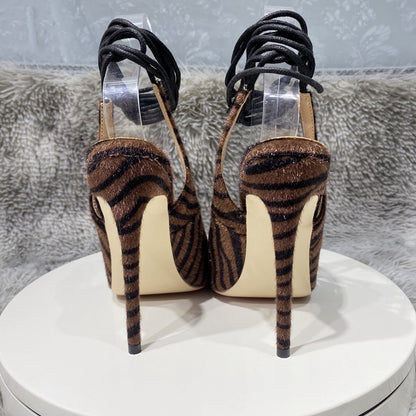 Dark Brown Zebra Hair Pointed Toe Slingback Stiletto Pumps