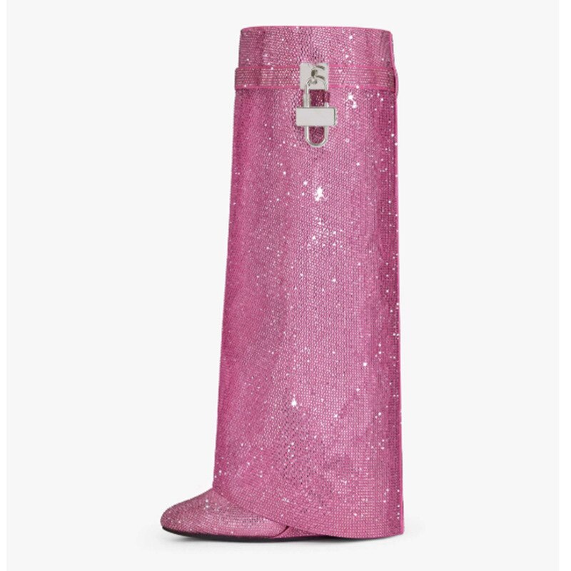 Pink Rhinestone Knee-High Wedge Boots