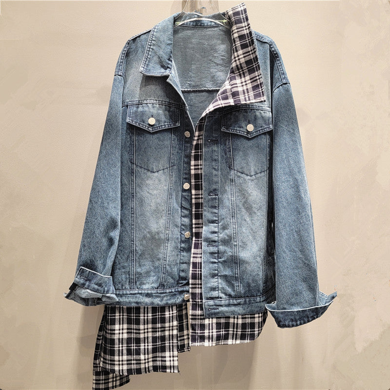 Irregularly Spliced Checkered Denim Jacket