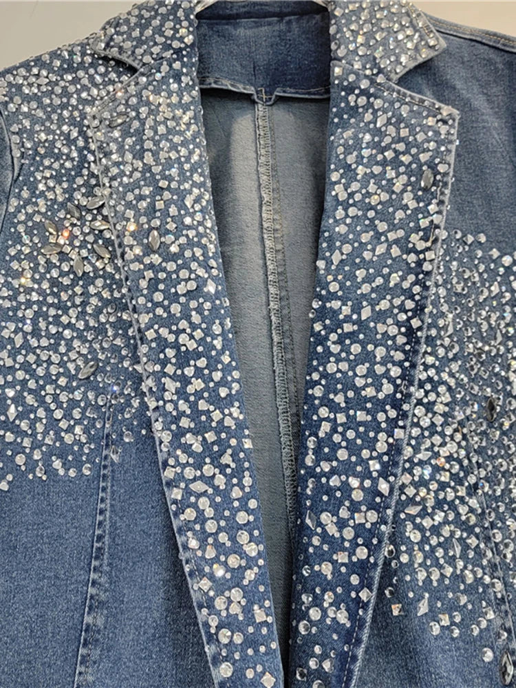 Washed Gradient Blue Irregular Rhinestone Suit Jacket