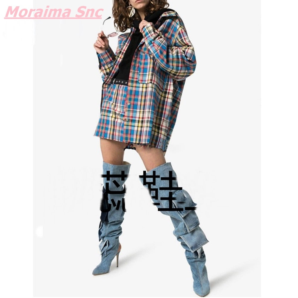 Patchwork Denim Over-the-Knee Boots