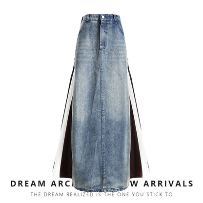 Vintage Denim Patchwork Skirt: Made of Washed Old Denim, Dragon Cotton Clip, Loose A-Line Design, Floor-Length