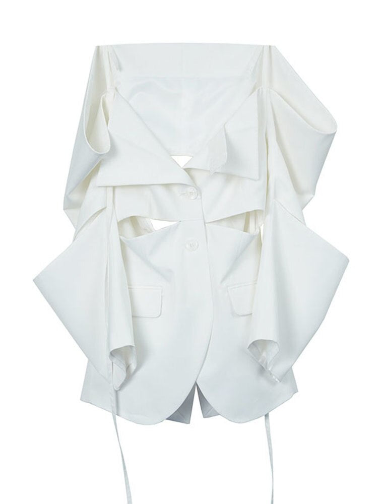 Fashionable White Blazer: Cut-Out Design, Notched Collar, Puff Sleeves