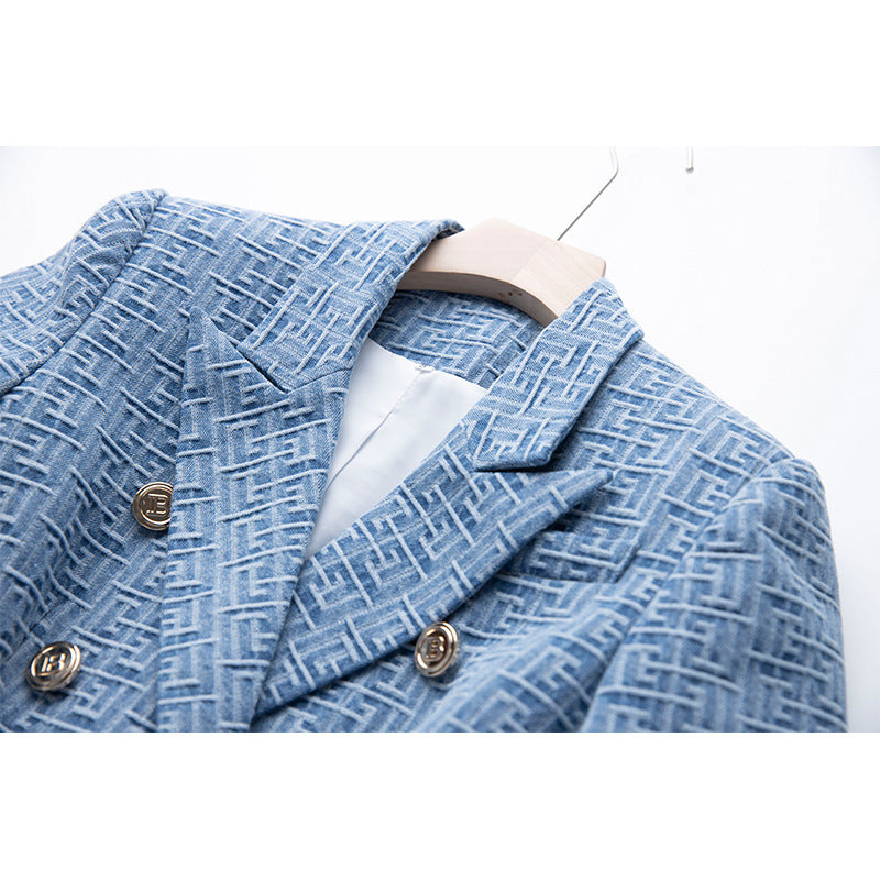 Women's Temperament Commuting Suit OL Temperament Intellectual Shoulder Pad Elegant Coat Denim Fabric Jacquard