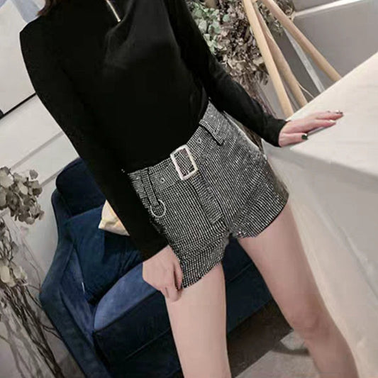 High-Waist Shorts with Sparkling Diamond Belt