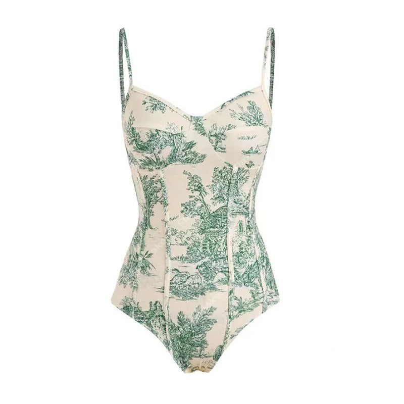 Conservative Vintage Print Slimming Fit Swimwear