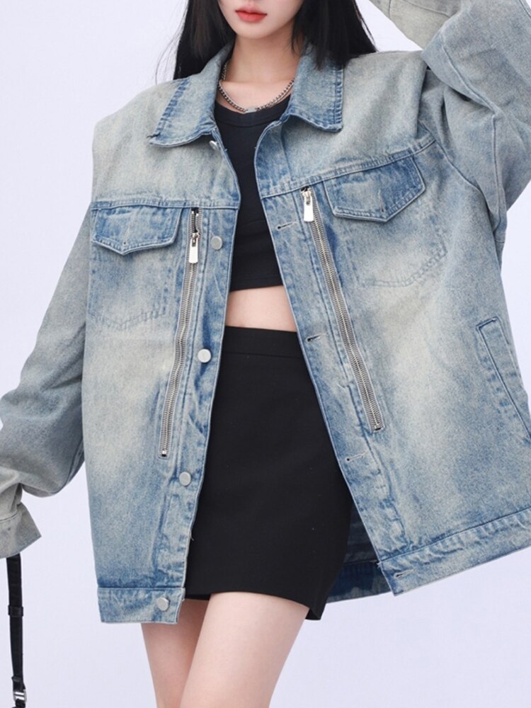 [EAM] Loose Fit Blue Denim Big Size Casual Jacket New Lapel Long Sleeve Women Coat Fashion Tide Spring Autumn  1DF6799