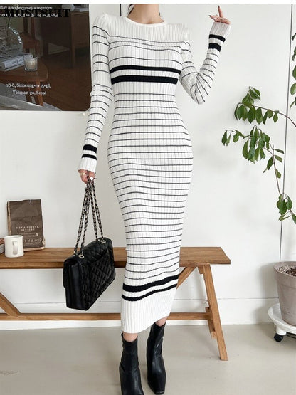 Slim Striped Knitted Sweater Dress