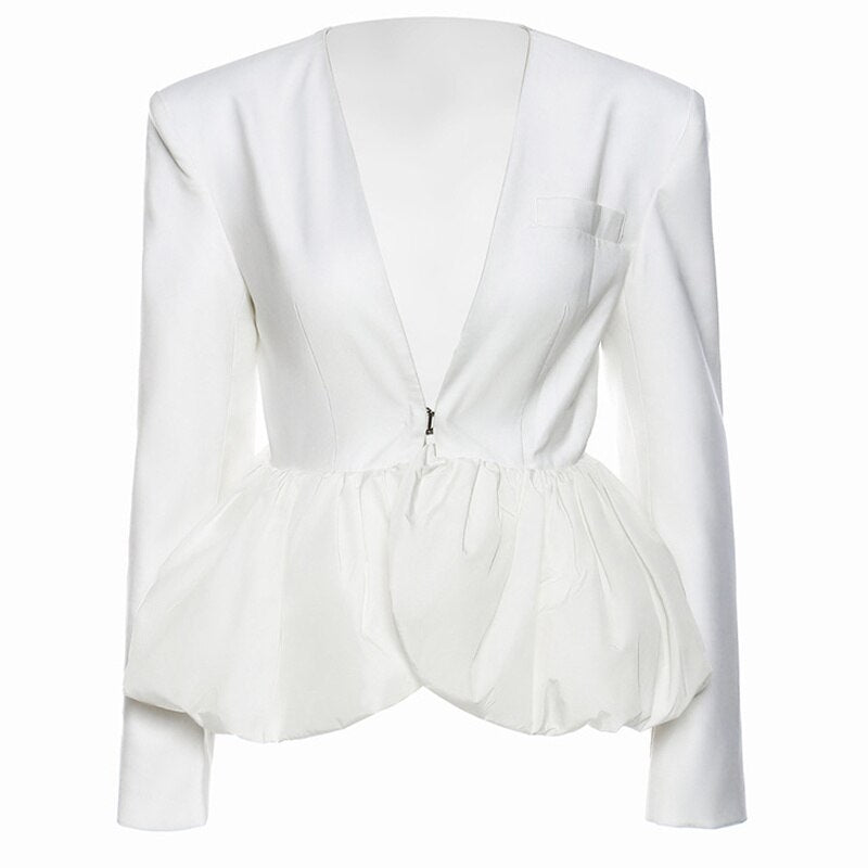 Women White Pleated Elegant Blazer New V-collar Long Puff Sleeve Loose Fit Jacket Fashion Spring Autumn