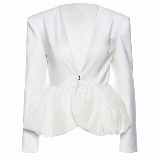 Women White Pleated Elegant Blazer New V-collar Long Puff Sleeve Loose Fit Jacket Fashion Spring Autumn