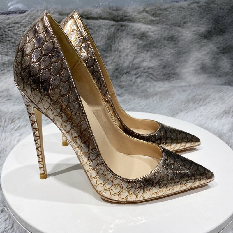 Tikicup Shiny Gold Crocodile Effect Women Pointy Stiletto Pumps Sexy Ladies Designer Party High Heel Shoes Plus Size 33-45