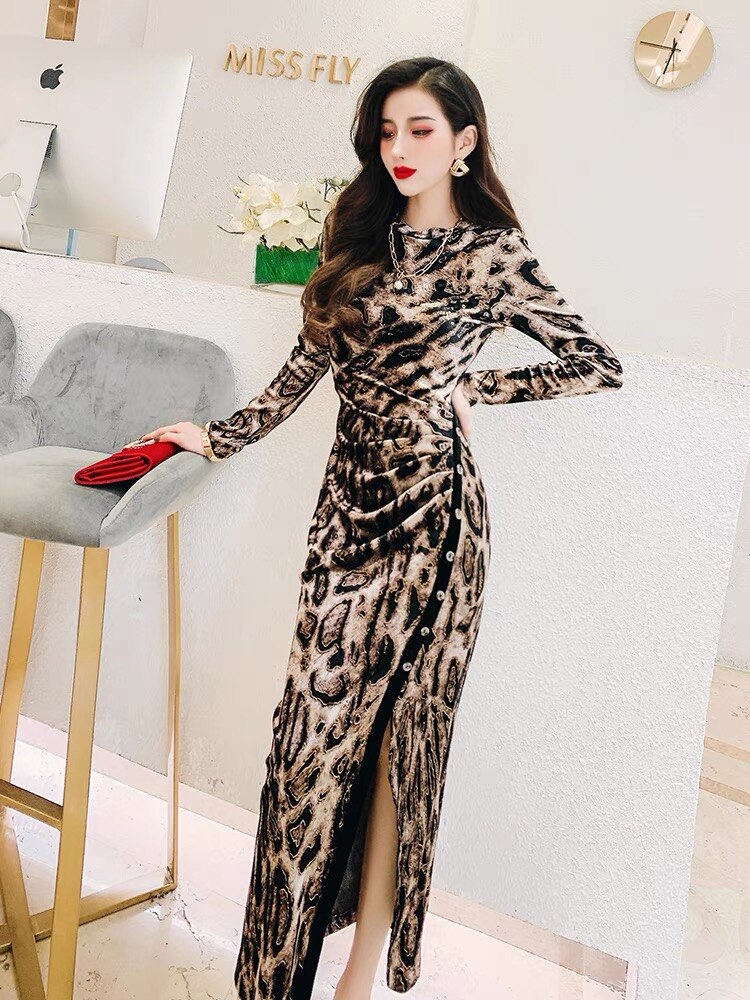 Designer Leopard Velvet Bodycon Midi Dress