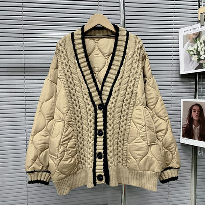 Single Breasted Full Sleeve Patchwork Thickened Knitted Cardigan