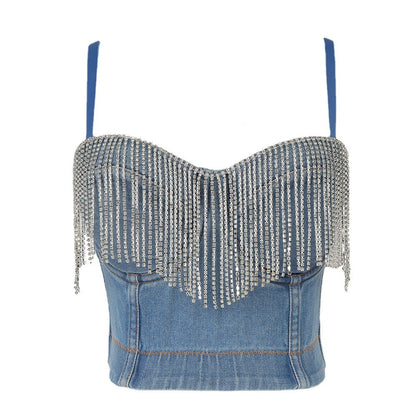 Women Sexy Spaghetti Strap Bustier Glitter Tassel Rhinestone Washed Denim Camisole Vest Club Party Jean Corset Crop Top