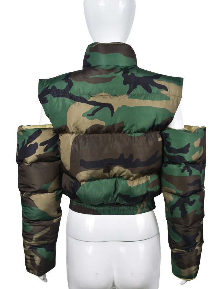 Cotton-padded Stand Collar Hollow Out Camouflage Parkas