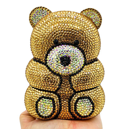 3D Teddy Bear Shape Crystal AB Evening Clutch