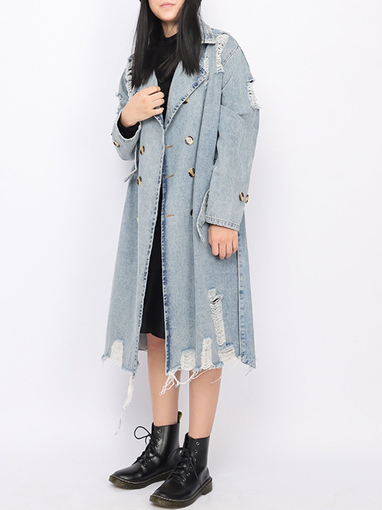 TWOTWINSTYLE Hole Hollow Out Denim Trench Coat For Women Lapel Long Sleeve Double Breasted Solid Coats Female Clothing  New