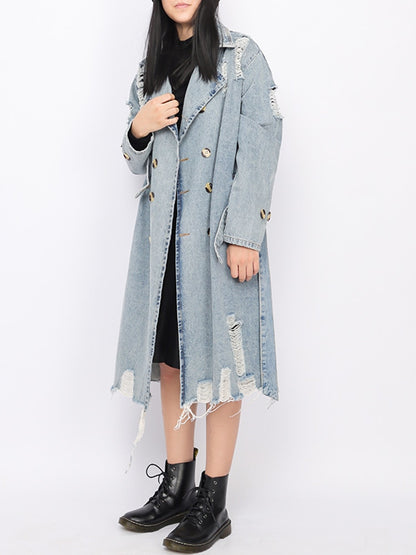 TWOTWINSTYLE Hole Hollow Out Denim Trench Coat For Women Lapel Long Sleeve Double Breasted Solid Coats Female Clothing  New