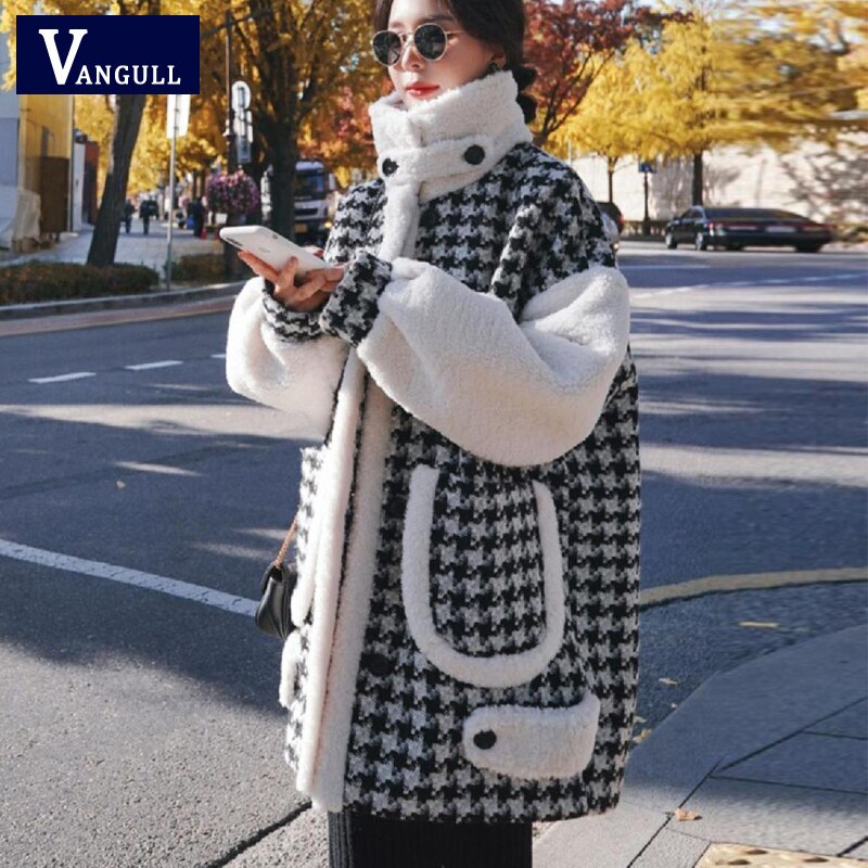 Houndstooth Woolen Thickened Wild Lamb Wool Coat