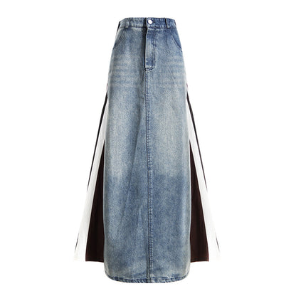 Vintage Denim Patchwork Skirt: Made of Washed Old Denim, Dragon Cotton Clip, Loose A-Line Design, Floor-Length