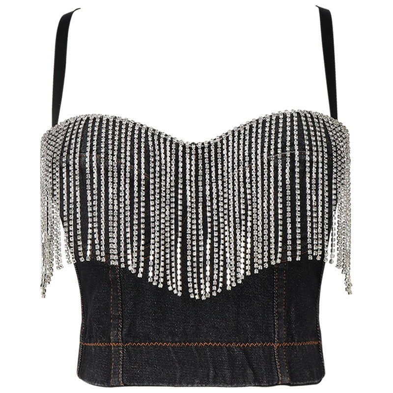 Women Sexy Spaghetti Strap Bustier Glitter Tassel Rhinestone Washed Denim Camisole Vest Club Party Jean Corset Crop Top