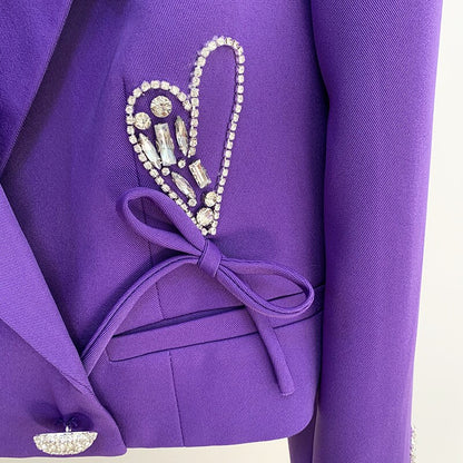 High-End Rhinestone Heart Button Bow Loose Suit Jacket