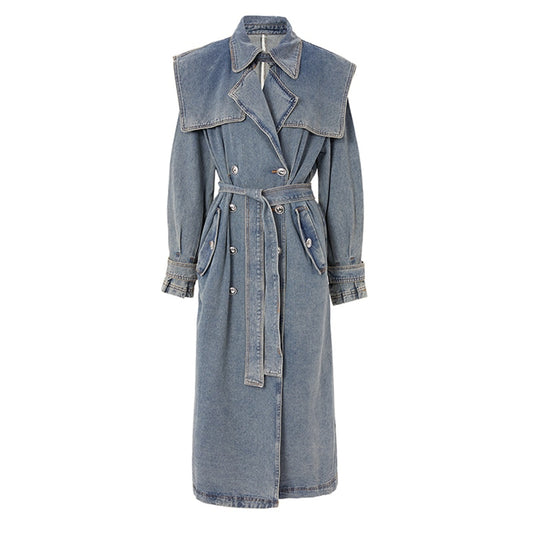 Blue Denim Long Loose Fit Trench Coat