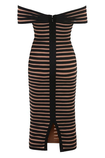 Off-Shoulder Black Stripe Midi Bandage Dress