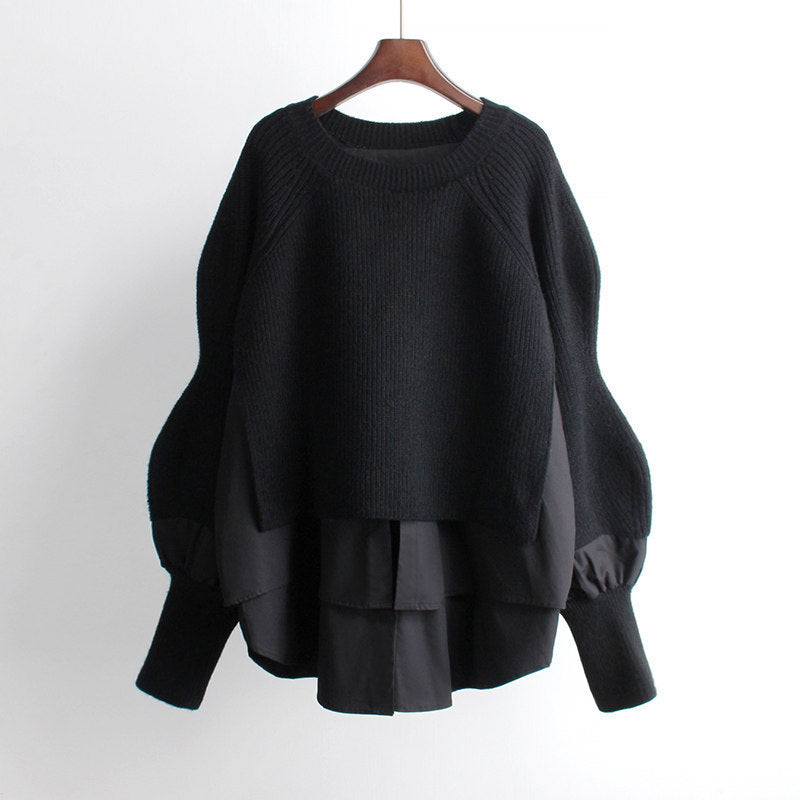 Women's Sweater Splicing Shirt Fake Two-Piece Set Female Temperament Knitted Tops