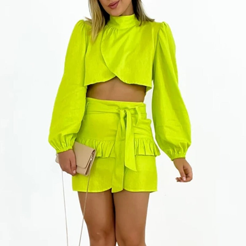 Women's Summer Sweet Half High Neck Long Sleeve Shirt Lace up High Waist Ruffle Short Skirt Set