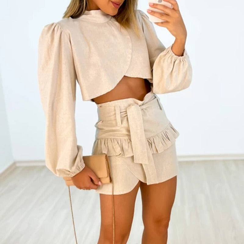 Women's Summer Sweet Half High Neck Long Sleeve Shirt Lace up High Waist Ruffle Short Skirt Set