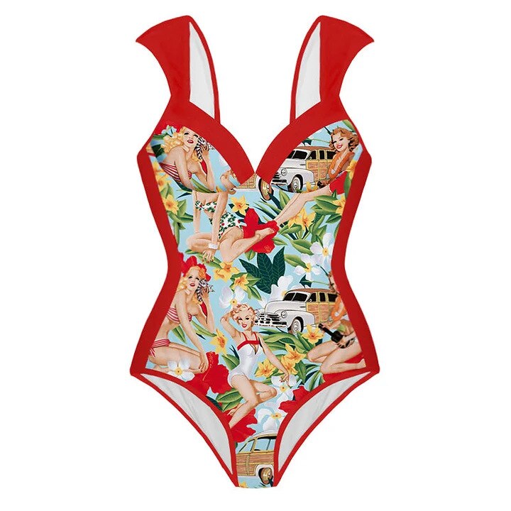 Bikini Lace-up High Waist Retro Printed Two-piece Swimsuit Set