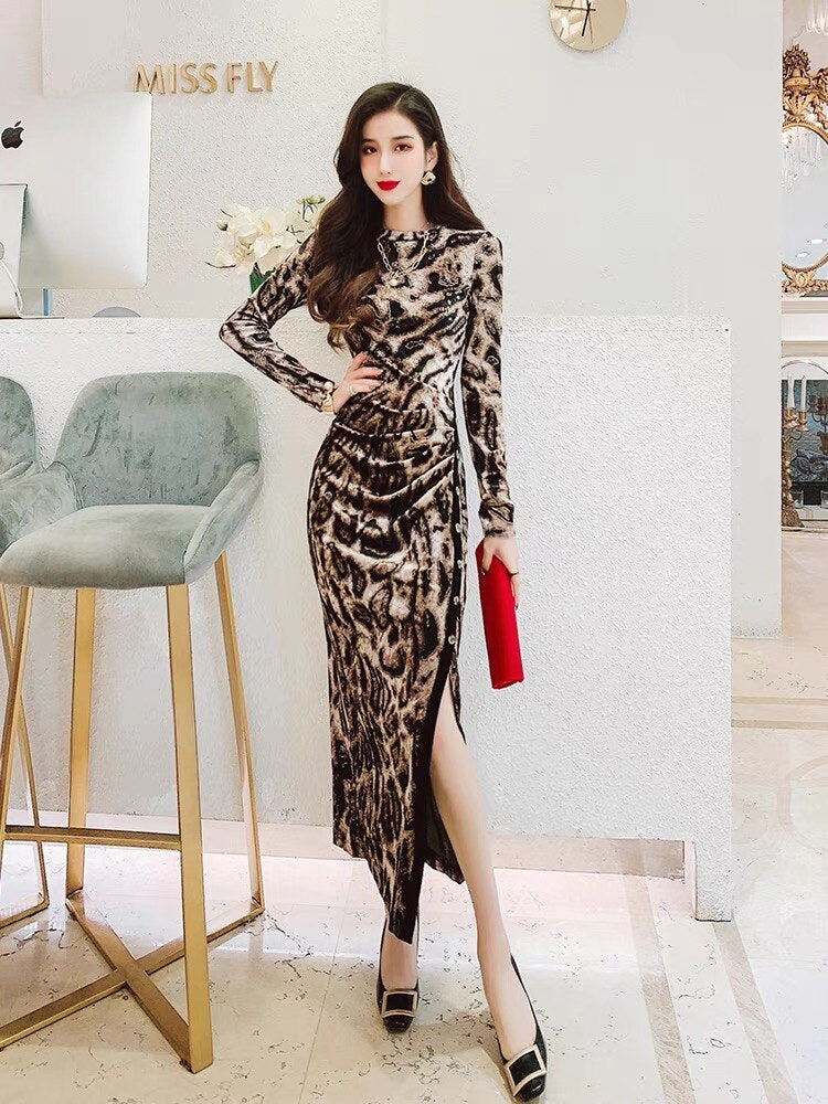 Designer Leopard Velvet Bodycon Midi Dress