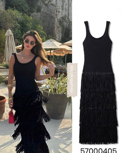 Summer New Solid Hem Tassel Knitted Strap Dress