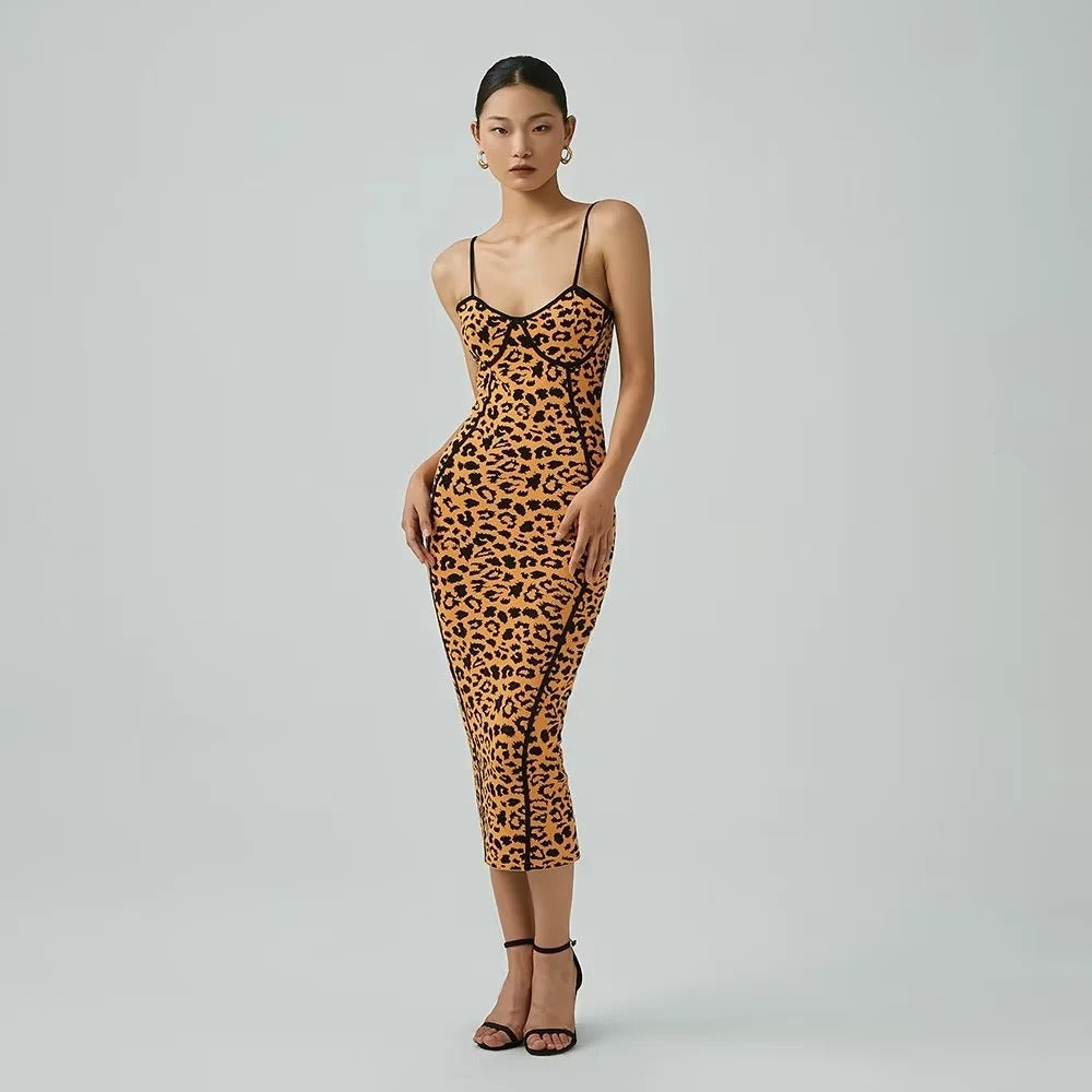 Leopard Print Jacquard Halter Dress