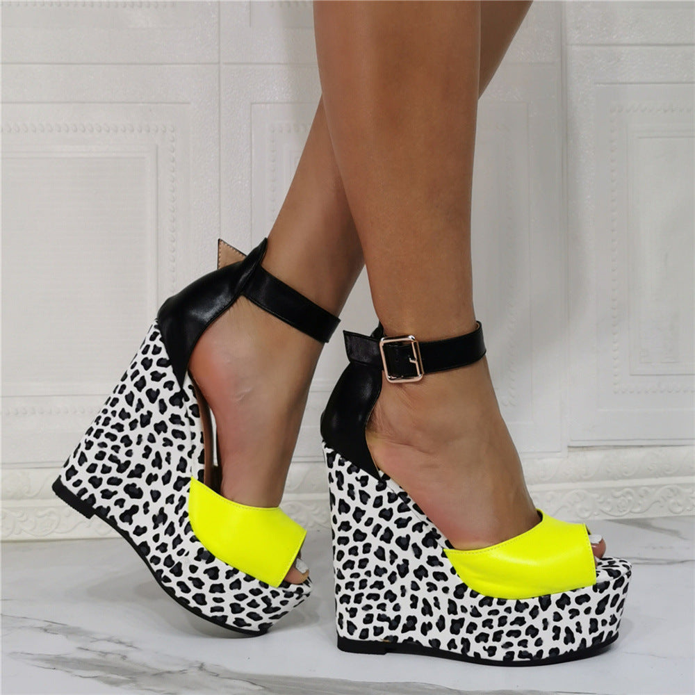 Oversized Color Block Leopard Print Wedge Heel Sandals