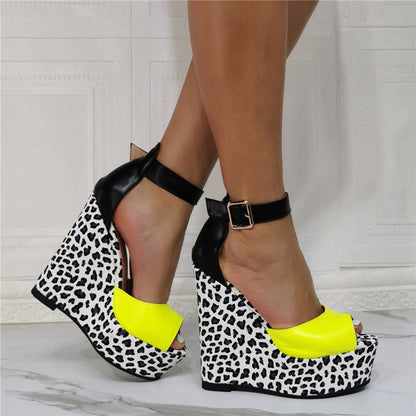 Oversized Color Block Leopard Print Wedge Heel Sandals