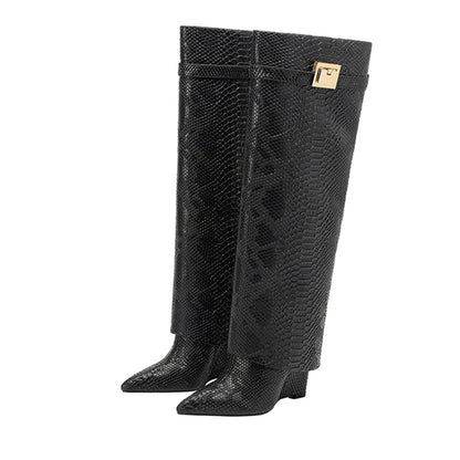 Genuine Leather High Boots with Metal Decoration