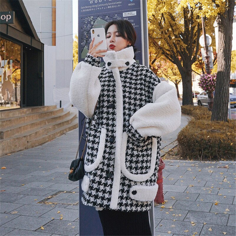 Houndstooth Woolen Thickened Wild Lamb Wool Coat