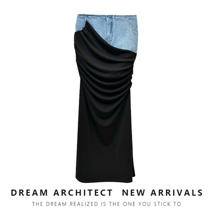 Black Denim Half Skirt Deconstructed Design, High Waist