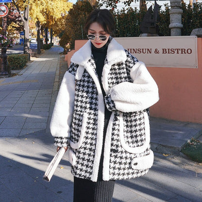 Houndstooth Woolen Thickened Wild Lamb Wool Coat